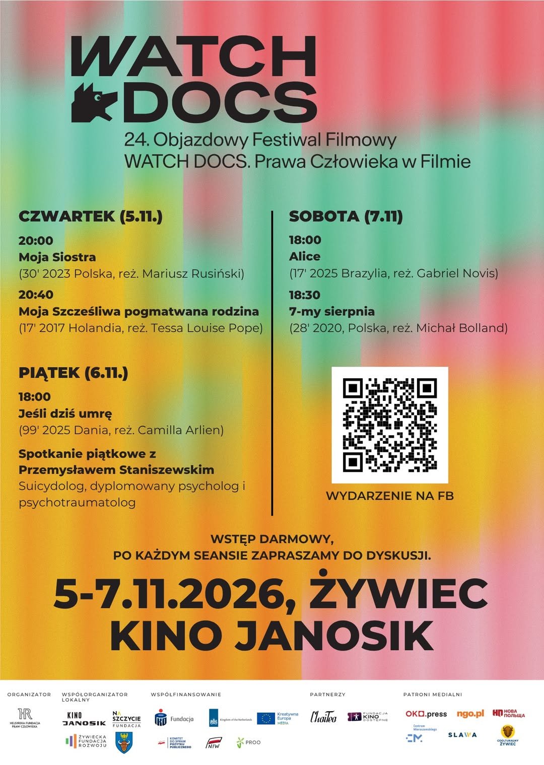 Plakat: 24. Objazdowy Festiwal Filmowy WATCH DOCS w Żywcu – dzień pierwszy