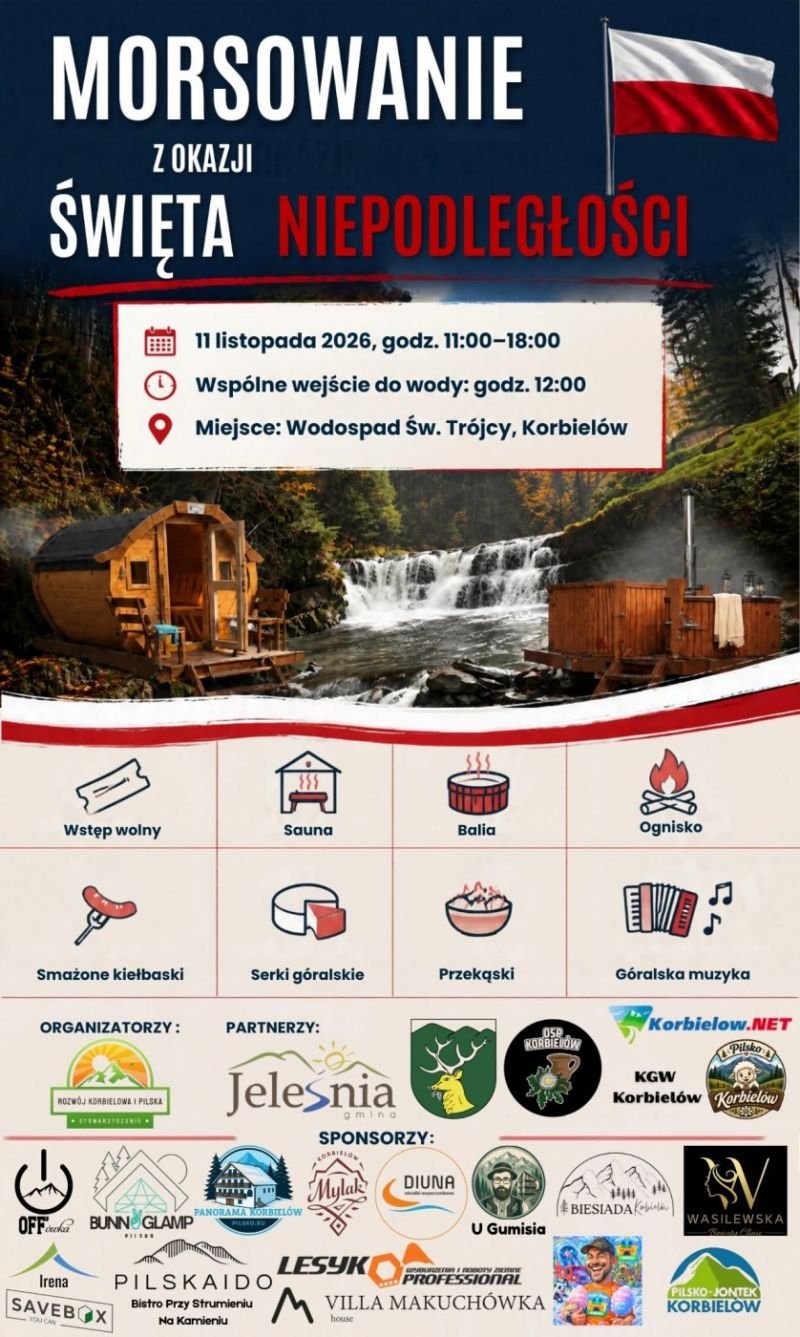 Plakat: Święto Niepodległości w Korbielowie – morsowanie przy wodospadzie