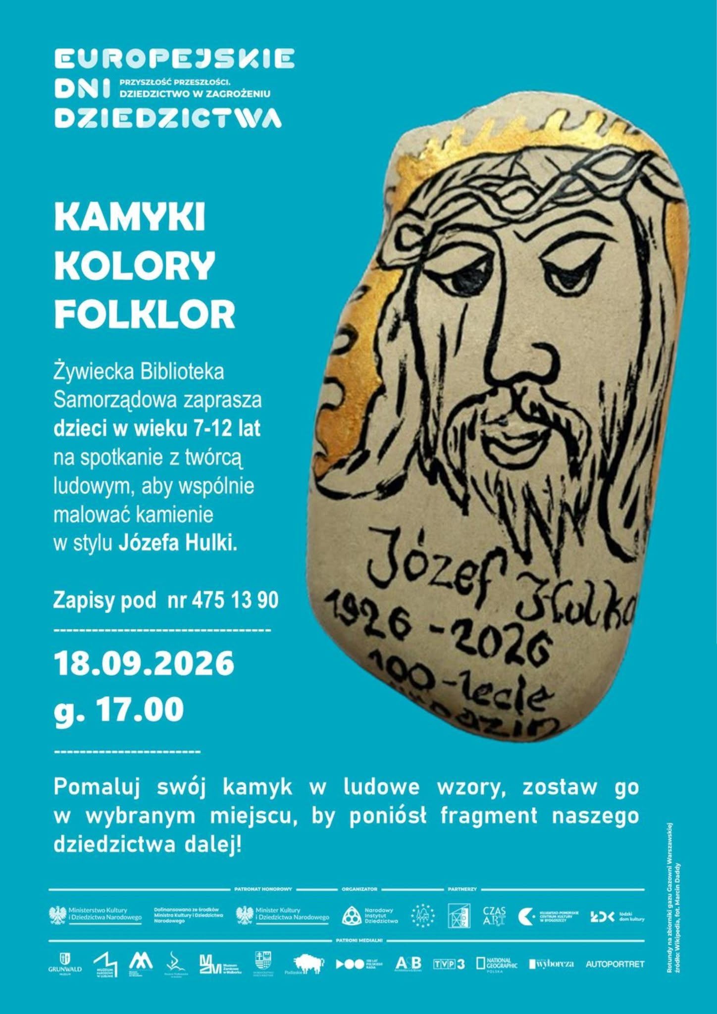 Plakat: Kamyki Kolory Folklor – warsztaty malowania kamieni w stylu Józefa Hulki