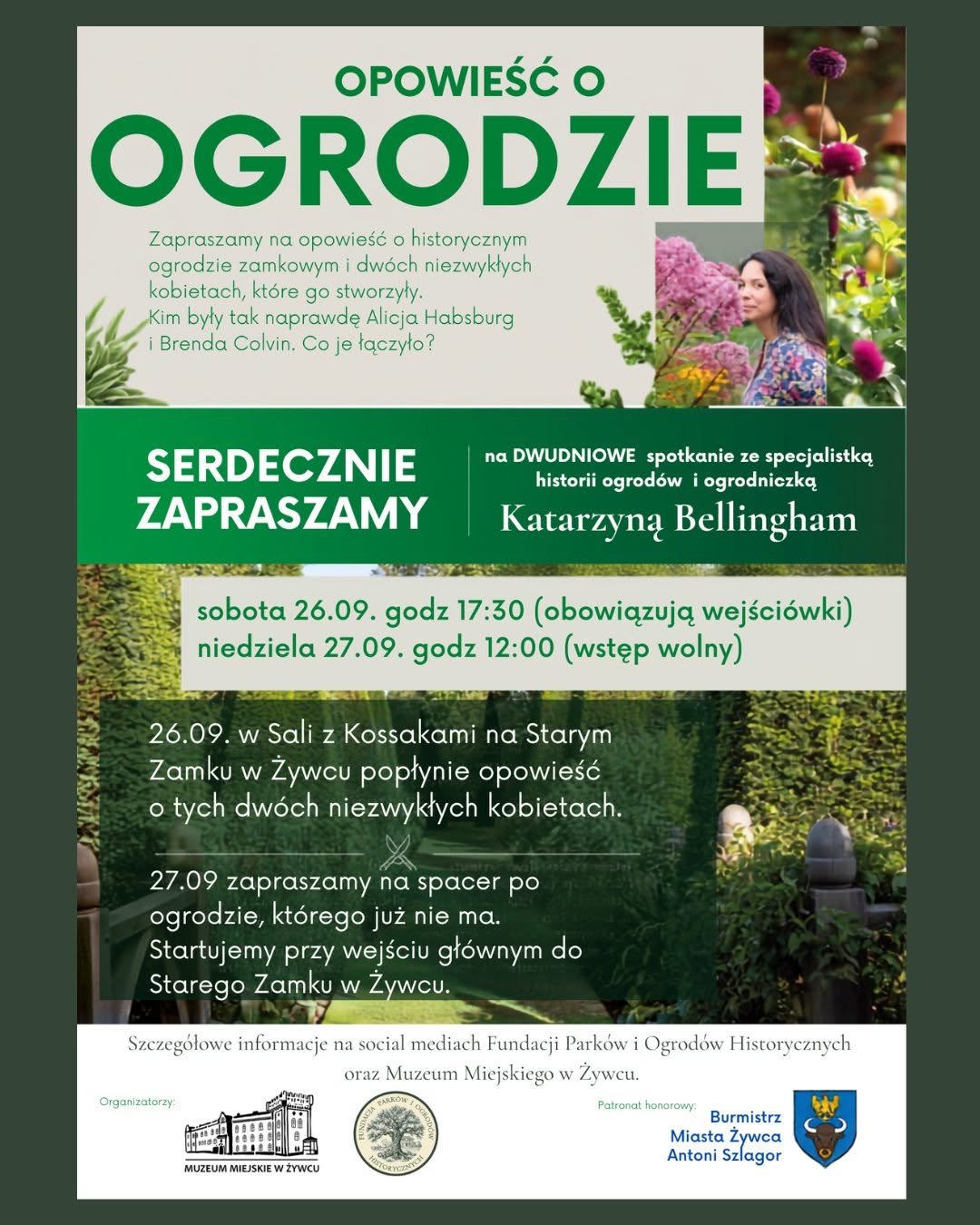 Plakat: Opowieść o ogrodzie – spotkanie o Alicji Habsburg i Brendzie Colvin