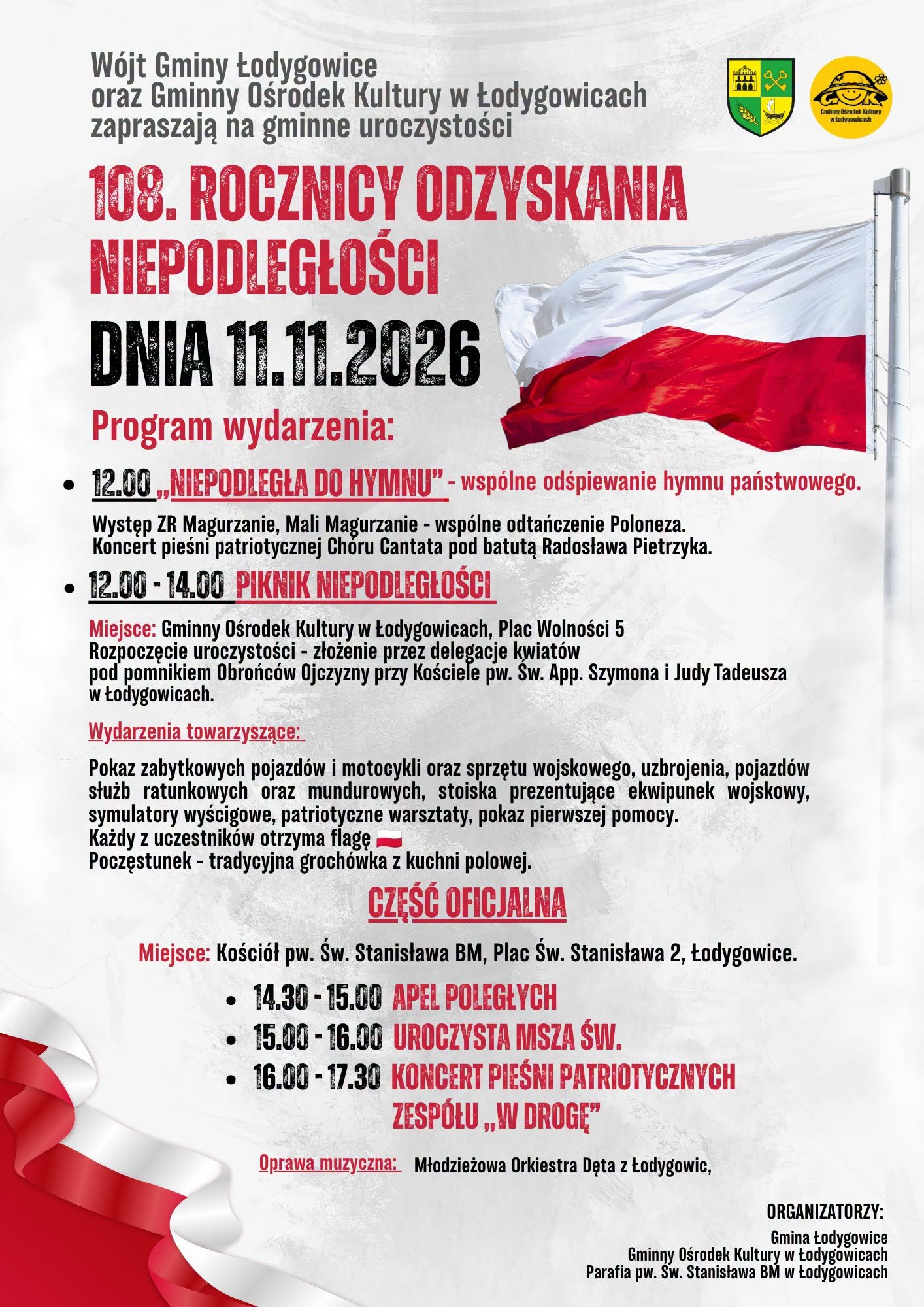 Plakat: Gminne obchody 108. rocznicy odzyskania niepodległości w Łodygowicach